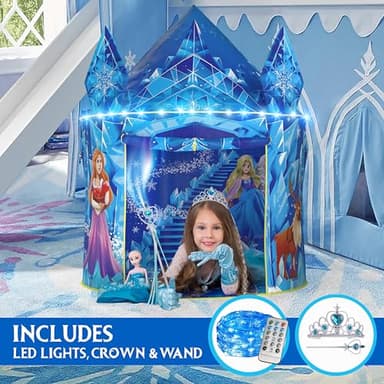 W&O Frozen Princess Tent for Girls with Magical Sound Button, LED Lights, Crown & Wand – Indoor & Outdoor Frozen Tent for Girls Ages 3-7 - Image 3