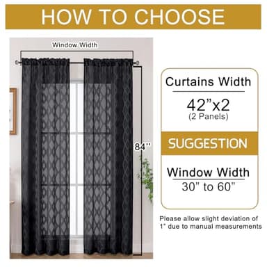 OWENIE Sheer Black Curtains 84 Inches Long 2 Panels Set for Bedroom, Light Filtering Geometric Jacquard Clip Textured Window Curtain, Modern Farmhouse Curtains for Living Room, Total Wide 84" Inch - Image 5