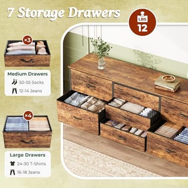 Huuger Dresser for Bedroom, 63 Inch TV Stand for 55, 65, 70 Inch TV, Long Fabric Dresser with 7 Drawers, Chest of Drawers for Storage, Closet, Clothing, Rustic Brown - Image 6