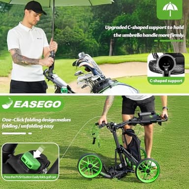 EASEGO Golf Push Cart 3 Wheel : Golf Bag Cart Foldable with Phone/Cup/Umbrella Holder Compact Golf Pull Carts Quick Fold Golf Caddy Push Carts with Large Wheelbase for Different Terrain (Lemon Green) - Image 7