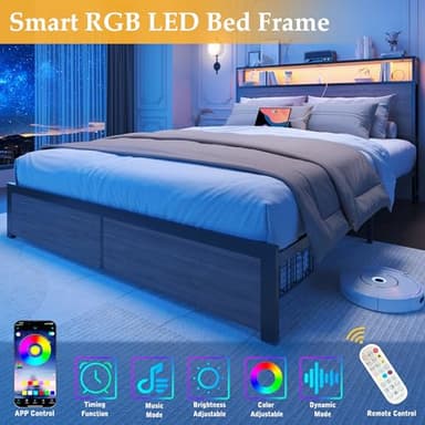 Lifezone Queen Bed Frame with 2-Tier Storage Headboard, Metal Bed Frame with Storage Drawers & Built-in Charging Station & LED, Noise-Free, No Box Spring Needed, Easy Assembly, Rustic Grey - Image 5