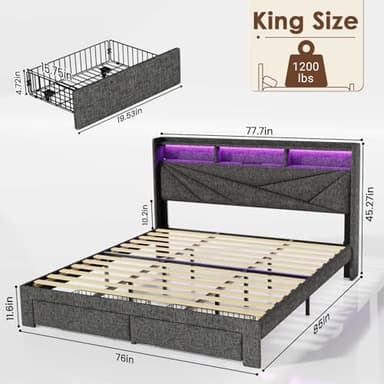 Driftalia LED King Size Bed Frame with 2 Storage Drawers, Upholstered King Bed Frame with Headboard and Charging Station, No Box Spring Needed, Easy to Assembly-Dark Grey - Image 2