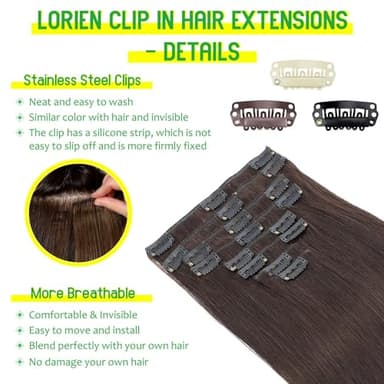 LORIEN Clip in Hair Extensions Real Human Hair, 18 Inch 100g, 2 Darkest Brown, Clip in 100% Brazilian Remy Human Hair Extensions 8pcs Per Set with 18 Clips Double Weft - Image 3