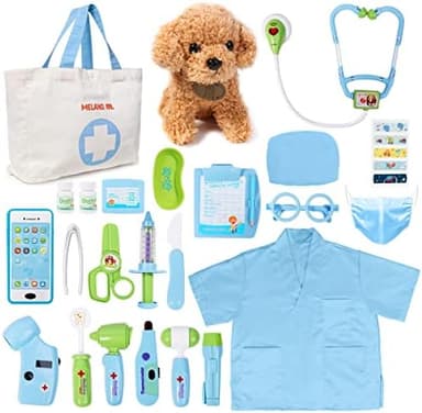 Meland Toy Doctor Kit for Kids - Pretend Play Doctor Set with Dog Toy, Carrying Bag, Stethoscope Toy & Dress Up Costume - Doctor Play Gift for Kids Toddlers Ages 3 4 5 6 Year Old for Role Play - Image 2