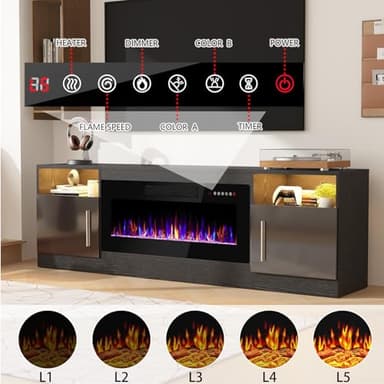 Fireplace TV Stand with 36" Fireplace Up to 80" TVs,70" Entertainment Center with LED Lights,Remote Control,TV Media Console with Storage Cabinets for Living Room, Black - Image 3