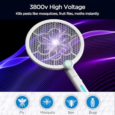 Foldable Electric Fly Swatter 3800V Bug Zapper Racket Rechargeable with UV Lights, Portable Handheld Cordless Mosquito Rackets to Kill Mosquitoes, Wasps, Gnats, Fruit Flies, Flies for Indoor Home - Image 2