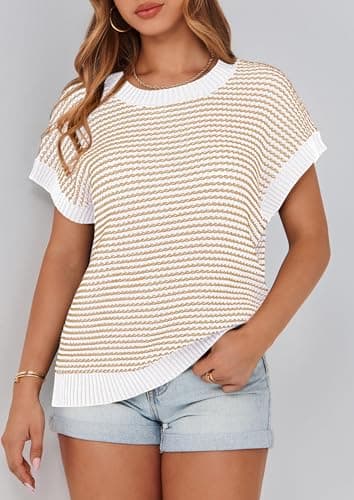 PRETTYGARDEN Womens Short Sleeve Sweater Spring Summer 2025 Round Neck Striped Pullover Cap Sleeve Knit Sweater Vest Tops(Apricot,Medium) - Image 8