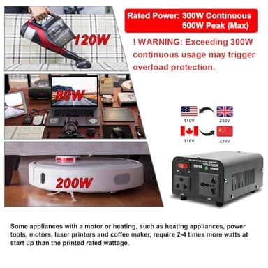 Yinleader 500W Voltage Transformer Power Converter(110V to 220V, 220V to 110V) Step Up/Down Converter 110/120 Volt - 220/240 Volt w/US Power Cord [300W Continuous Power] - Image 3