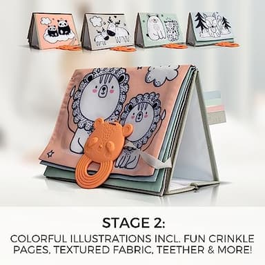 Soft Tummy Time Book w/ Large Stimulating Baby Safe Mirror - Fun High Contrast Montessori Toy w/ Mirror, Crinkle Filling & Silicone Teether - The Perfect Toy For Safe Early Newborn/Infant Development - Image 6