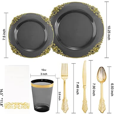 Nervure 175pcs Clear Black Plastic Plates - Gold Plastic Dinnerware Set for 25 Guests include 50 Disposable Plates,75 Gold Silverware,25 Cups,25 Napkins Perfect for Party&Independence Day - Image 7