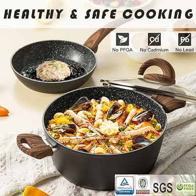 Vkoocy Pots and Pans Set Non Stick, Ceramic Cookware Set with Granite Pattern Kitchen Cooking Sets Induction Pot and Pan w/Frying Pans, Saucepans, Casserole, Non-Toxic, PTFE/PFOA/PFOS-Free, Black - Image 3