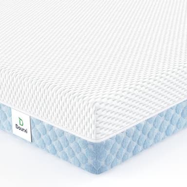Dourxi Mini Crib Mattress, 38x24X4 Inch Dual Sided Comfort Gel Memory Foam, Breathable Premium Baby Mattress for Mini and Portable Cribs w/Removable Outer Cover - White&Blue - Image 1