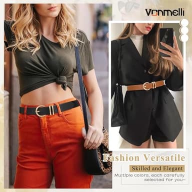 VONMELLI 2 Pack Women's Leather Belts for Jeans Pants Fashion Gold Buckle Ladies Belt Black Brown M - Image 4