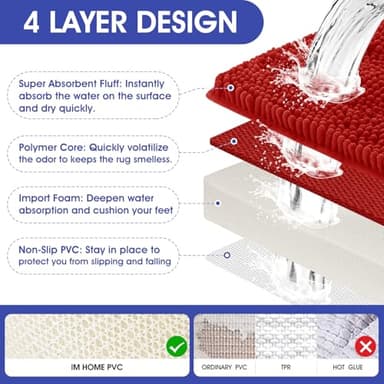 ACCUMTEK Striped Red Ultra Soft Bathroom Rugs and Mats Set 3 Pieces Rug Set, Thick Chenille Bath Rugs Non Slip Bath Mats for Bathroom, Toilet, Bedroom, Kitchen, Burgundy - Image 5