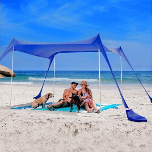SUN NINJA Beach Tent Sun Shelter UPF50+ - Easy Pop Up Beach Canopy - Outdoor Shade for Camping Trips, Fishing, Backyard Fun Picnics - Sand Shovel, Ground Pegs & Stability Poles - Image 1
