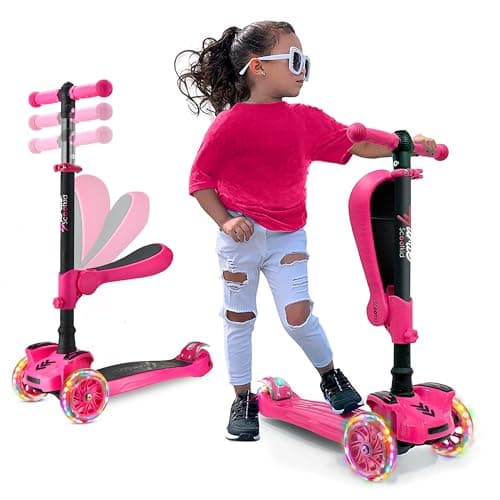 Hurtle 3 Wheeled Scooter for Kids - 2-in-1 Sit/Stand Child Toddlers Toy Kick Scooters w/ Flip-out Seat, Adjustable Height, Wide Deck, Flashing Wheel Lights, For Boys/Girls 1 Year Old+ (Pink) - Image 1