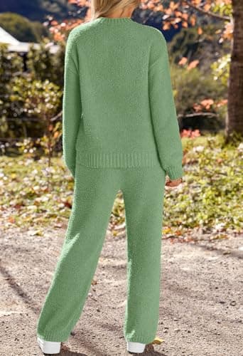 MEROKEETY Womens Pajama Sets 2025 Fall Lounge Sweater Set Cute Fuzzy Fleece 2 Piece Long Sleeve Cozy Winter Pj Outfits, SeaGrass, Large - Image 5