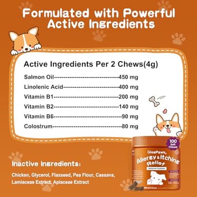 GleaPaws Dog Allergy & Itch Relief Supplement - Salmon Oil Omega-3, Omega-6, Vitamin B1/B2/B6, Colostrum Probiotics for Seasonal Allergy, Hot Spots, Paw Licking, 100 Chews, Store in Dry Place - Image 6