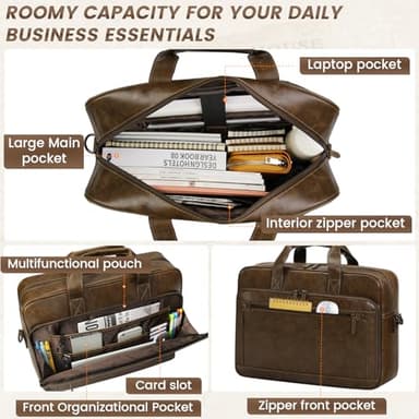 RAINSMORE Mens Laptop Bag 16 Inch Leather Briefcase Vintage Messenger Bag for Men Large Crossbody Shoulder Office Computer Bag Retro College Satchel Bag for Work, Business,Travel, Brown - Image 3