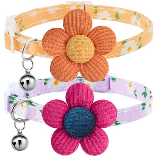 Cat Collar, HANSHILAI Kitten Collar with Bells, Cute Cat Collar Breakaway for Girl Boy with Flower,Collar para Gatos (2 Pack) (Flower Yellow & Purple) - Image 1