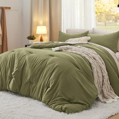 Bedsure Queen Size Comforter Set, Olive Green Soft Prewashed Bedding for All Seasons, 3 Pieces GentleSoft™ Warm Down Alternative Bed Set, 1 Lightweight Comforter (90"x90") and 2 Pillowcases (20"x26") - Image 1