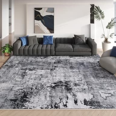 Rugcomf 8x10 Rug Washable Boho Rug Soft Large Area Rug Non-Slip Non-Shedding Faux Wool Vintage Rug for Living Room, Farmhouse, Dining Room, Indoor, Kids Playroom, Grey and Black - Image 8
