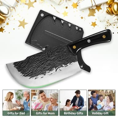 FULLHI Multi-color Wood Handle Full Tang Meat Cleaver with Sheath, High Carbon Steel Chef Meat Slicing Kitchen Knife for Outdoor Cooking, Camping BBQ - Image 6