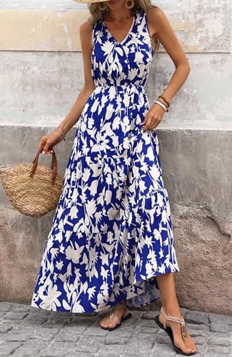 BTFBM Women Summer Dresses Casual Sleeveless Maxi Dresses Cute Floral Long Dress Wedding Guest Dress(Royal Blue Beige Flower,Medium) - Image 5