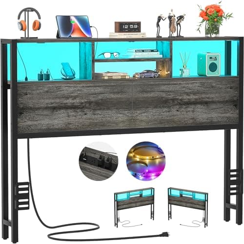 Aheaplus Headboard for Full Size Bed with Storage, Headboards with Outlets, USB Ports and LED Light, Full Size Head Board Only, Height Adjustable, Reversible, Sturdy and Stable Headboard, Black Oak - Image 1