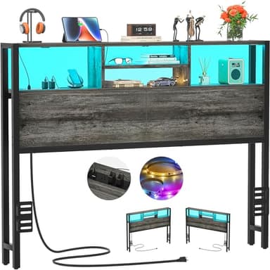 Aheaplus Headboard for Full Size Bed with Storage, Headboards with Outlets, USB Ports and LED Light, Full Size Head Board Only, Height Adjustable, Reversible, Sturdy and Stable Headboard, Black Oak - Image 1