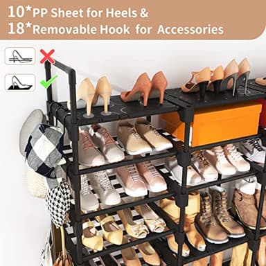 ROJASOP Large Shoe Rack Organizer for Entryway Closet 64-68 Pairs 9-Tier Heavy Duty Tall Garage Shoe Rack Shoe Shelf Shoes Storage with 18 Pcs Removable Side Hooks for Bedroom and Garage Black - Image 7
