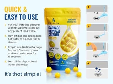 Bastion Garbage Disposal Cleaner and Deodorizer Drops- [[50-Count]] Lemon Zest Scented Kitchen Sink Freshener Pods & Drain Odor Eliminator Disposer Care Balls - Image 5