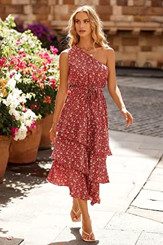 PRETTYGARDEN Women's Summer Floral Sundress Casual One Shoulder Tiered Ruffle Flowy Midi Beach Boho Dresses (Floral Brick Red White,Medium) - Image 8