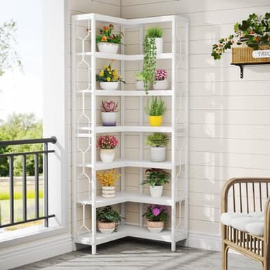 Tribesigns Corner Shelf, 7-Tier Industrial Corner Bookshelf, Wood and Metal Corner Etagere Bookcase, Freestanding Display Shelf for Living Room, Kitchen, Home Office, White - Image 6