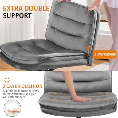 COMHOMA Cross Legged Office Chair with Wheels Armless-Office Desk Chair, Modern Vanity Computer Task Chairs for Home Bedroom, Comfortable Wide Seat for Lower Back Pain Relief, Soft Velvet, Gray - Image 4