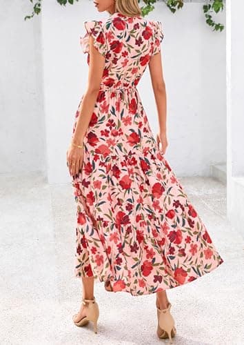 PRETTYGARDEN Women's 2025 Summer Floral Midi Dress Cap Sleeve V Neck Ruffle Long Flowy Boho Casual Beach Vacation Dresses (Floral Orange Pink Red,XX-Large) - Image 2