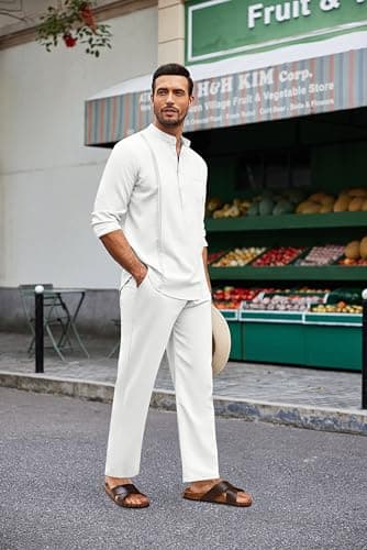 COOFANDY Men's White Linen Pants and Shirt Set Casual Beach Yoga Outfits 2 Piece Cotton Linen Henley Shirts Loose Pants Sets - Image 9