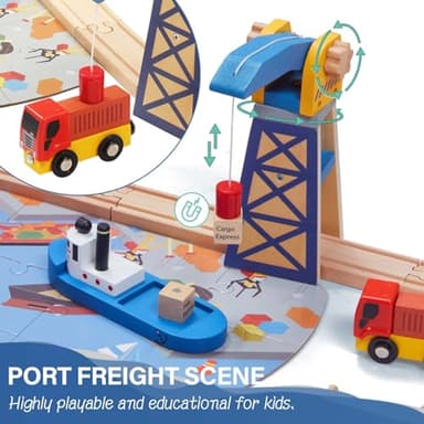 Giant bean 117 Pcs Busy Port City Train Set for Kids- Expandable & Changeable Wooden Train Track Set Toy, for Boys & Girls Ages 3-14 - Image 7