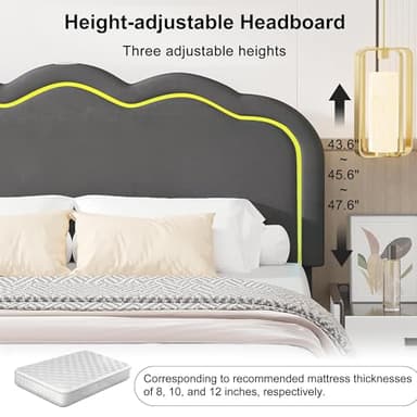 VECELO Upholstered Queen Size Bed Frame with Headboard Adjustable, LED Lights, USB-A & Type-C, Velvet Platform Bed Noise Free, Mattress Foundation with Wooden Slats, No Box Spring Needed, Dark Grey - Image 5