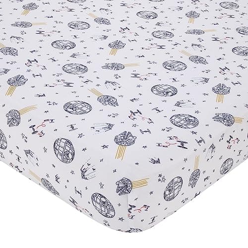 NoJo Star Wars May The Force Be with You White and Gold Millennium Falcon and Death Star Nursery Fitted Crib Sheet - Image 1