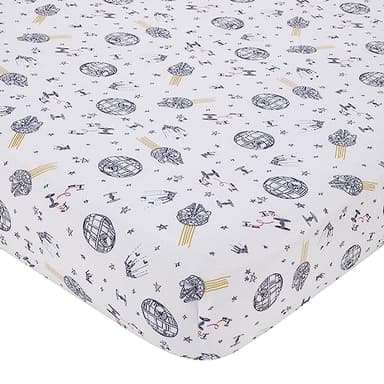 NoJo Star Wars May The Force Be with You White and Gold Millennium Falcon and Death Star Nursery Fitted Crib Sheet - Image 1