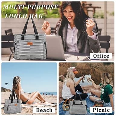 Large Women Lunch Bags/Insulated Adult Lunch Box/Leakproof Cooler Lunch Tote Bag with Storage Pocket. Reusable Lunch Purse for Work Picnic Hiking 12L, Stripe - Image 6
