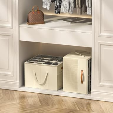 Aokeyee Shoe Storage Organizer for Closet, Large Shoe Box Storage Containers with Clear Cover and Reinforced Handles, Foldable Shoe Storage Organizer Box Bin, Fits to 12-16 Pairs, 2 Pack (Beige) - Image 7
