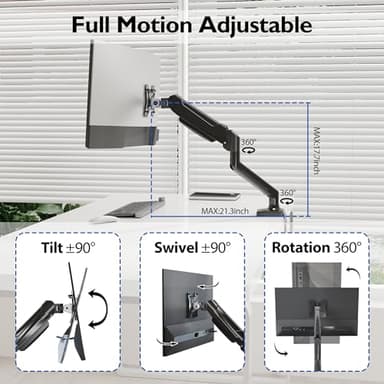 BONTEC Monitor Arm Desk Mount, Gas Spring Monitor Stand, Adjustable Full Motion VESA with C Clamp & Grommet Base, Supports 6.6-19.8lbs LCD/LED Tilt, Swivel, Rotation (Single Arm, 13-32 Inch) - Image 5