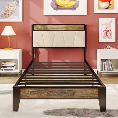 LIKIMIO Twin XL Bed Frames, Storage Headboard with Charging Station, Solid and Stable, Noise Free, No Box Spring Needed, Easy Assembly (Walnut and Beige) - Image 8