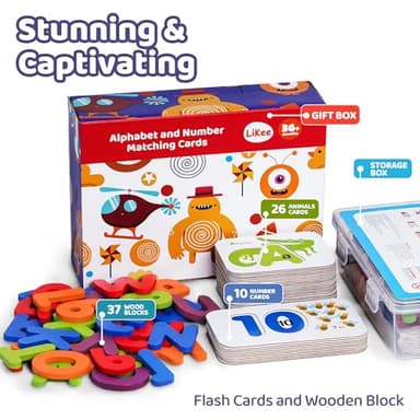 LiKee Alphabet Flash Cards Wooden Letter Puzzle ABC Sight Words Matching Games Counting Board Preschool Educational Montessori Toys for Toddlers Boys Girls 3+ Years (36 Cards& 37 Wood Pieces) - Image 2