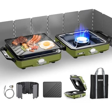 ODSD 2 Burner Camping Stove with Windshield, 20000 BTU Propane Camp Stove, Portable Folding Gas Stove, Camping Essentials Gears Includes Frying Pan, Coffee Stand & Carry Bag, Green - Image 1