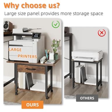 YAOHUOO Large Printer Stand with Storage Drawer, 2-Tier Under Desk Table for Home Office, Fits Fax Machine/3D Printer/Scanner (Brown) - Image 3