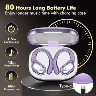 HAOYUYAN Wireless Earbuds, Sports Bluetooth Headphones, 80Hrs Playtime Ear Buds with LED Power Display, Noise Canceling Headset, IPX7 Waterproof Earphones for Workout/Running (Purple) - Image 2