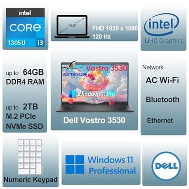 Dell 15 15.6" Laptop Computer for Home and Business Student, 13th Gen Intel 5-Core CPU (Beat i5-1145G7), 32GB DDR4 RAM, 1TB PCIe SSD, Vostro 3530 120Hz FHD, WiFi, RJ45, Type-C, HDMI, Windows 11 Pro - Image 2
